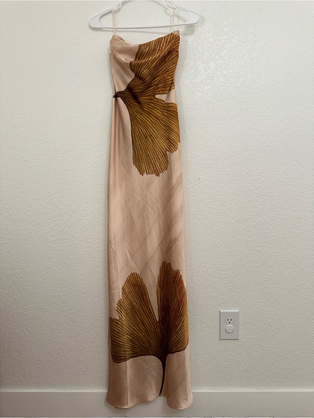 Anthropologie Beige Strapless Maxi Dress with Brown Botanical Motif